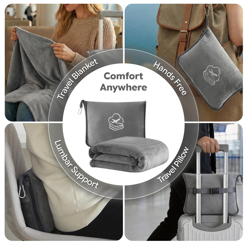 PEUJEW Travel Blanket, Soft 2-in-1 Airplane Blanket, 65x40 Inches, Travel