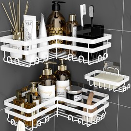 StorageRight Corner Shower Caddy, 3 Pack Adhesive Bathroom Accessories with Soap Holder, Storage Stainless Shower Organizer Shelf with Hooks, No Drilling Shower Shelves for Bathroom(White, X-Large)