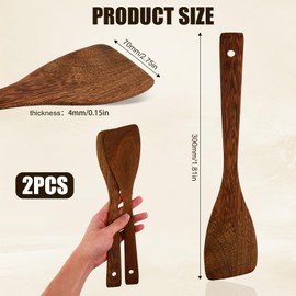 Set of 2 Slotted and Solid Wooden Spatulas, 30 cm, Natural Wood, Non-Stick, Dishwasher Safe, Ergonomic Handle, Heat Resistant - Perfect for Cooking and Serving
