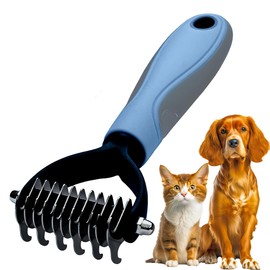 KWEST ESSENTIALS Pet Grooming Brush - Shedding Comb & Dematting Tool for Dogs & Cats, Extra Wide Undercoat Rake for Dog Grooming, Blue
