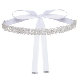Haakong Bridal Rhinestone Wedding Waist Belt for Women Sparkly Belt Wedding Satin Sash for Special Occasion (White)
