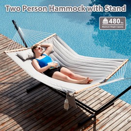 Homgava Two Person Hammock with Stand Heavy Duty, Outdoor Patio Hammock with Portable Steel Stand, Large Double Hammocks,480lbs Capacity.(Middle Grey)