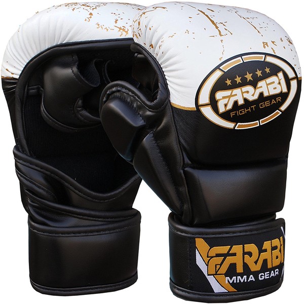 Farabi 7-OZ MMA Gloves Grappling Gloves Martial Arts Gloves Sparring Gloves Punching Bag Gloves Cage GlovesFighting Gloves Mitts UFC Gloves Combat Gloves Training Gloves (Black/White, S/M)
