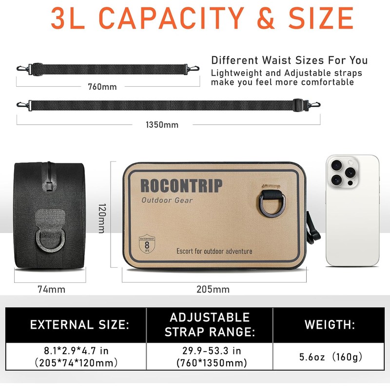 ROCONTRIP - Bolsa seca 100 % impermeable, paquete de cintura
