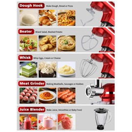 Vospeed 9 IN 1 Stand Mixer, 850W Tilt-Head Multifunctional Electric Mixer with 8 QT Stainless Steel Bowl, 1.5L Glass Jar, Meat Grinder, Hook, Whisk, Beater Dishwasher Safe (Red)
