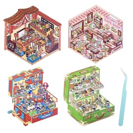 4 Sets 3D Sticker Scenes, DIY 3D House Sticker, Cute Stickers for Adult, Miniature Scene Stickers, Funny Sticker Rooms Book with Tweezers for Relief Stress, Pass The Time (4 Sets)