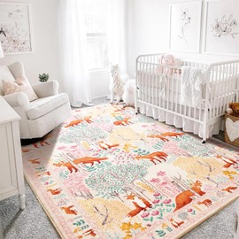 Estmy Pink Woodland Nursery Rug Washable, Thin Profile 5x7 Area Rug Stain Resistant, Cute Fairy Forest Animals Kids Rug, Modern Abstract Nature Area Rug Carpet for Bedroom Dorm Living Room Classroom