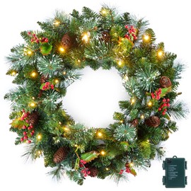 24 Inch Pre-Lit Artificial Christmas Wreaths for Front Door, Battery Operated Christmas Wreath with 50 LED Lights, Lighted Wreath for Front Door Wall Window