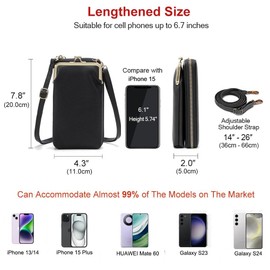 Women's Crossbody Phone Wallet, Multi-functional Leather Purse with Zipper and Kiss-lock Frame, Black (Black)