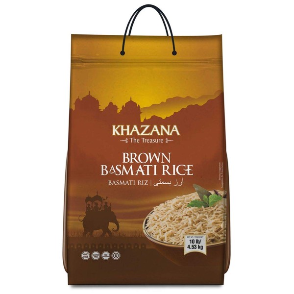 Khazana Premium Brown Basmati Rice - 10lb Bag | NON-GMO, Gluten-Free, Kosher & Cholesterol Free | Aged Aromatic, Flavorful, Authentic Grain From India