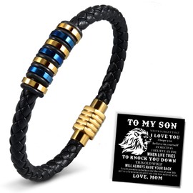QianSiLi Gifts for Son Stepson To My Son Bracelet With Box Mens Bracelets Leather Son Gifts from Mum 16th 17th 18th 19th 20th 21st birthday Gift for Teenage Boys 13-18 Years Old Xmas Gift (Gold Blue)