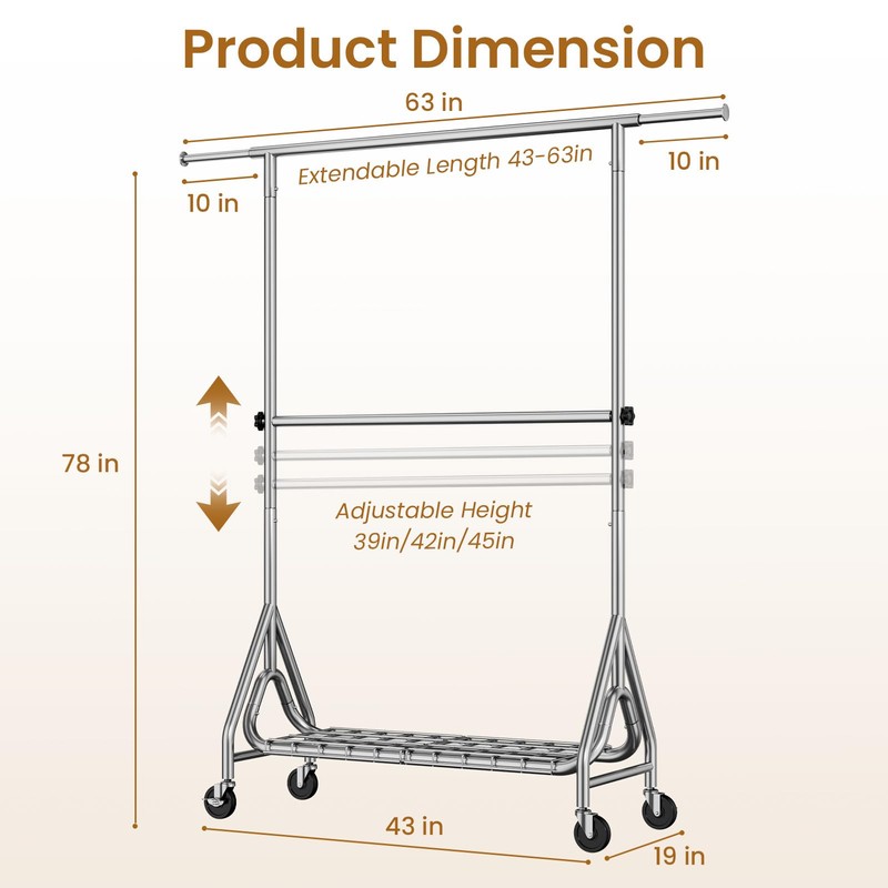 JIEJIERUI Heavy Duty Clothes Rack for Hanging Clothes, Double Rods
