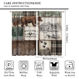 SENRUEGT Farmhouse Bear Deer Curtains, Rustic Style Retro Rural Cottage Lattice Splicing Bedroom Living Room Kitchen Window Drapes 42x45 Inch