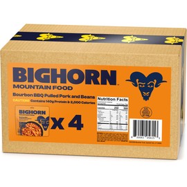 BIGHORN Mountain Food Bourbon BBQ Pulled Pork and Beans - contains 4 packs | 8 servings | 140g Protein | 2,000 Calories - premium freeze dried meals for backpacking food - dehydrated camping food for backpacking meals - ideal camping meals just add water - great taste