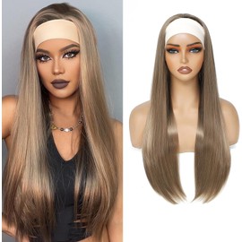 Yacurcur Headband Wigs Silky Straight Hair Glueless None Lace Front Synthetic Straight Hair Headband Wigs for Women 150% Density Light Brown Color 28 Inch