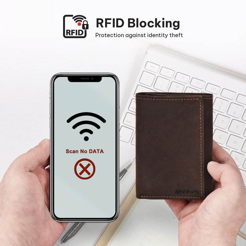 VALENCHI Leather Trifold Wallet For Men - RFID Blocking -