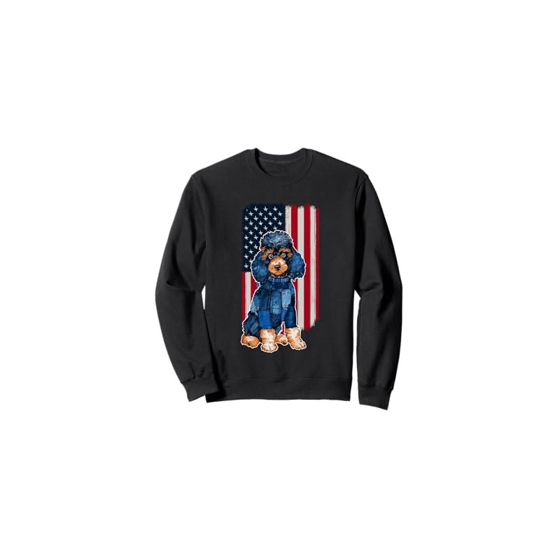 Denim Patchwork Poodle Dog With American Flag Sweatshirt