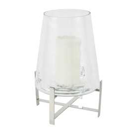 Deco 79 Stainless Steel Metal Hurricane Lamp with Stainless Steel X Shaped Base, 10" x 10" x 16", Clear