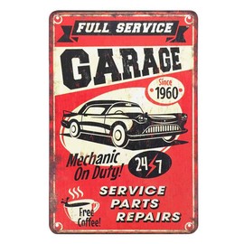 AOYEGO Full Service Garage Tin Sign,Mechanic On Duty 24-7 Car Service Parts Repairs and Drink Free Coffee Vintage Metal Tin Signs for Cafes Bars Pubs Shop Wall Decorative Funny Retro Signs 8x12 Inch