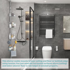 WPT Grey Shower Caddy Tension Pole for Bathroom, Stainless Steel Corner Shower Caddy Organizer Stand for Bathtub Shampoo Storage, 4 Tier Adjustable Shelves, 28.7 to 104.7 Inches