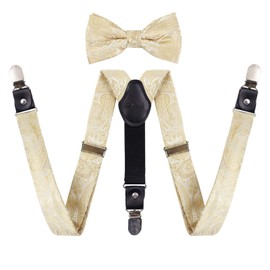 Alizeal Boys Adjustable Floral Paisley Pre-tied Bow Tie and Y Shape 3 Clips Braces Set, Champagne