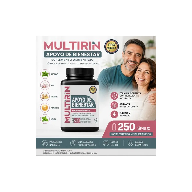 Multirin | 250 Cápsulas Orégano Ajo Jengibre Vitaminac Menta