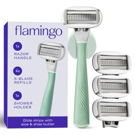 Flamingo Shaving Razor Set for Women - Original Razor Handle, 4 Blade Refills, and Shower Holder - Sage