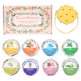 LUVCOSY 8 Packs Shower Steamers Aromatherapy with 1 Pack Silicone Shower Steamers Holder/Tray/Hanger, Bath Bombs with Natural Essential Oils, Relaxation Spa Gifts/Birthday Gifts for Women & Men