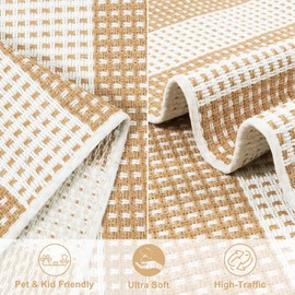 LEEVAN Outdoor Patio Rug 3x5, Washable Striped Front Porch Mat, Spring Colorful Outside Entryway Rug, Woven Welcome Doormat Tan and White Buffalo Backyard Layered Mat for Entrance/Go Away/Deck