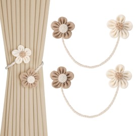 OCIOLI Handmade Flower Curtain Tiebacks - Bohemian No Drill DIY Curtain Holdbacks, Cute Nursery & Bedroom Twist Drapery Tie Backs, Chic Boho Home Decor Accessories (2, Beige)