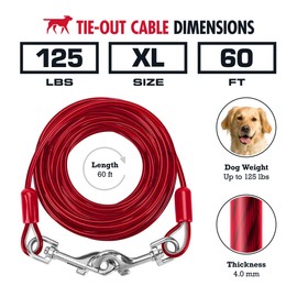 Tuff Pupper Dog Tie Out Cable 60 Feet | Dog Runner Cable for Yard 60 ft | Dog Lead Heavy Duty | Water & Rust Resistant Industrial Strength Steel Cable | 360 Degree No Tangle Swivel Clips | Dog Chain