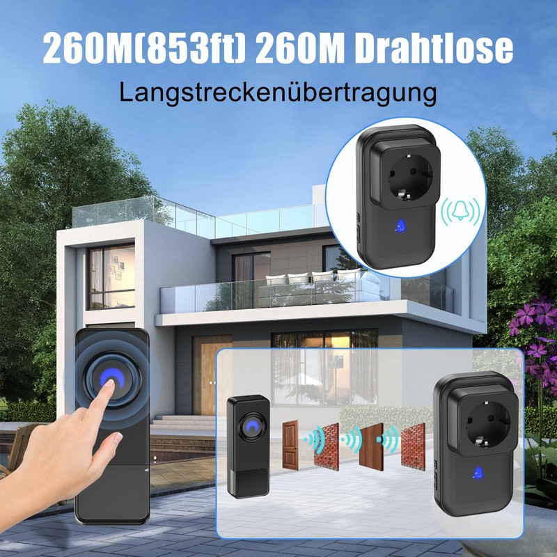 Wireless Bell Set, Wireless Doorbell with EU Socket, IP55 Wireless