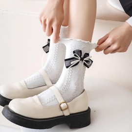 bropapa 4 Pack Womens Ruffle Crew Socks,Cute Lace Bow-Knot,Princess, Cotton Casual Frilly Edge,Black White Frilly Socks,Soft Elegant Party Sock