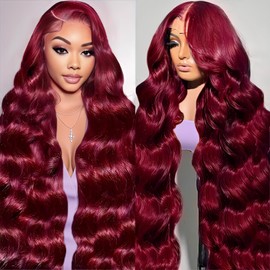 AYMMOLI 28 Inch 99j Burgundy Lace Front Wigs Human Hair 13x4 HD Red Burgundy Wig Human Hair 200% Body Wave Lace Front Wigs Pre Plucked Glueless Frontal Wigs for Women
