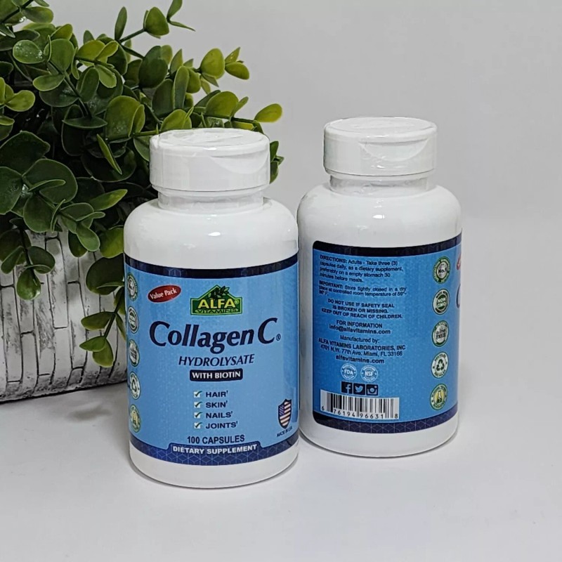 Alfa Collagen Hydrolysate Vitamin C Biotin 100 Caps Hair Skin