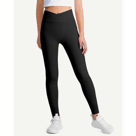 JOCMIC Girls Athletic Leggings Cross High Waist for Kids Yoga Dance Gym Pants with Pocket Black 13-14 Years