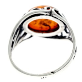 Silver Amber Jewellery - 925 Sterling Silver and Cognac Baltic Amber Oval Classic Designer Ring - UK Rng Size J - AR3CJ