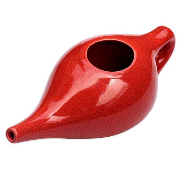 HealthGoodsIn - Porcelain Ceramic Neti Pot for Nasal Cleansing Crackle Pattern Red | Natural Treatment for Sinus and Congestion | Ceramic Neti Pot with 10 Sachets of Neti Salt