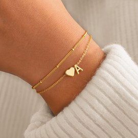 TINGN Gold Heart Initial Bracelets for Women, 14K Gold Plated Layered Heart Initial A Bracelet Dainty Bracelets for Women Teenage Girls Jewelry Mothers Day Birthday Gifts for Woman Mom Wife Girls