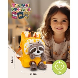 NICI Children's Backpack Yellow 2 in 1 with Cuddly Toy Raccoon 25 cm - Nursery Backpack Girls & Boys - Soft Back Area & Adjustable Straps - 49846