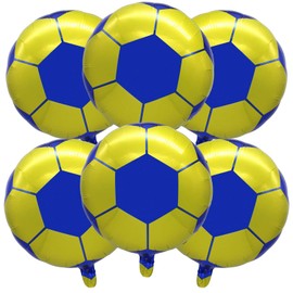 6 Pieces Soccer Balloons 18 inch, Soccer Ball Themed Party Decorations Foil Mylar Round Yellow Blue Soccer Ball Balloons for Birthday Sports Graduation Party Decorations