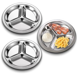 SUNOYA Set of 3 Stainless Steel Plates, 24 cm Stainless Steel Divided Dinner Plates, Divided Dinner Plate, with 3 Compartments, for Children, Adults, Camping, Diet Portion Control