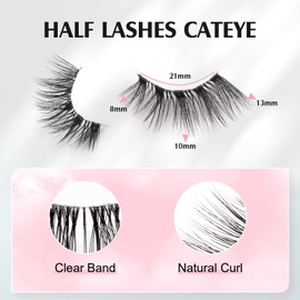 Parriparri Half Eyelashes, Transparent Band, 10 Pairs, Cat Eye Lashes, Half Artificial Eyelashes, Natural Fake Lashes, Cateye 3D Fluffy False Eyelashes, Short Corner Eyelashes
