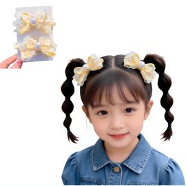 Lolita Ribbon, Pearl, Scrunchy, Kids, Organza, Hair Tie, Girls, Hair Accessories, Baby, Princess Style, Set of 2 (Yellow), yl