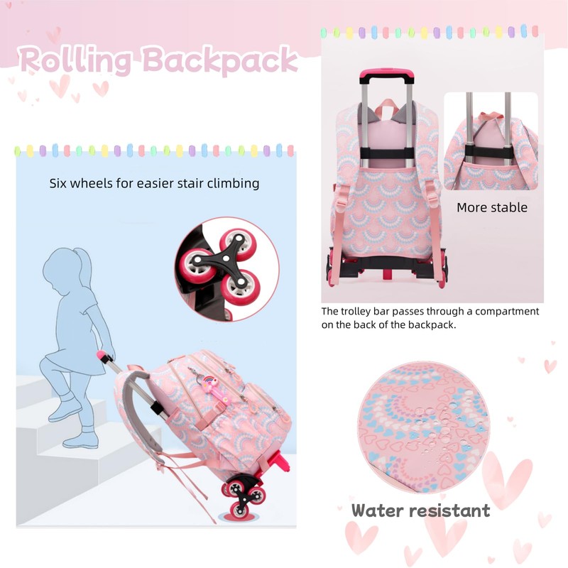 3Pcs Girls Rolling Backpack Kids Bookbag with Wheels Set Elementary