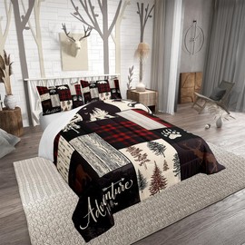Retro Cabin Comforter Set for Boys, Plaid Patchwork Duvet Insert for Kids Teens Adult Bedroom,Woodland Wildlife Deer Bear Trees Bedding Set Christmas Country Farmhouse Moose Quilt, Red Black, Twin