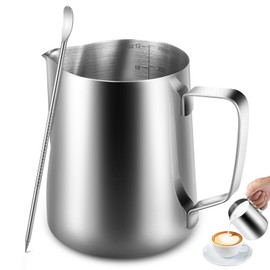 Anpro Milk Jug, Milk Pitcher 350 ml, 12 fl.oz. Stainless Steel Milk Jug, Milk Frothing for Cappuccino and Latte, Silver (9 × 7.5 cm)