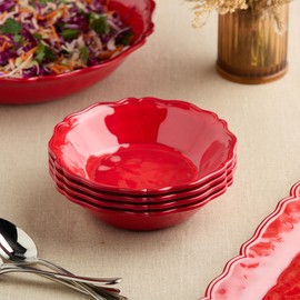 Isabella Red 12-Piece Melamine Dinnerware Set for 4 – Bold Red Crackle Glaze Plates & Bowls, Scalloped Edges, Unbreakable Tableware for Entertaining, Outdoor Dining, and Holiday Gatherings