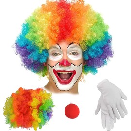 VJUYSW Set of 4 Clown Costume Set Clown Rainbow Wig Clown Costume Accessories Clown Curly Wig Nose and Gloves Clown Bow Tie for Carnival Cosplay Adults Children Carnival Costume Accessories