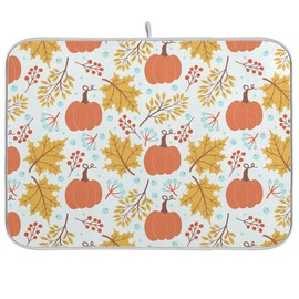 Fall Pumpkin Dish Drying Mat for Kitchen Autumn Maple Leaves Thanksgiving Day Microfiber Drying Mats Absorbent Reversible Dish Pad Medium Dish Draining Mat 16x18 inch
